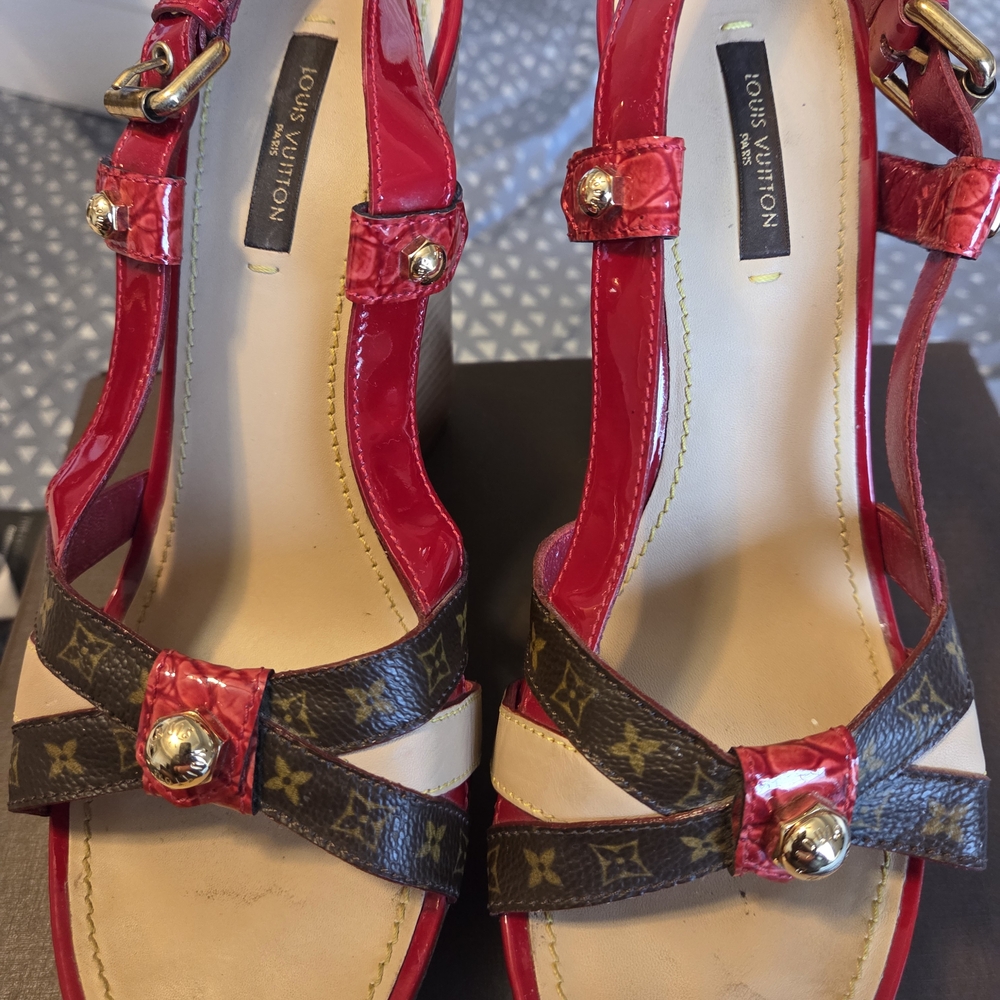 Louis Vuitton Red and Brown Wedges Sandals - Picture 3 of 5